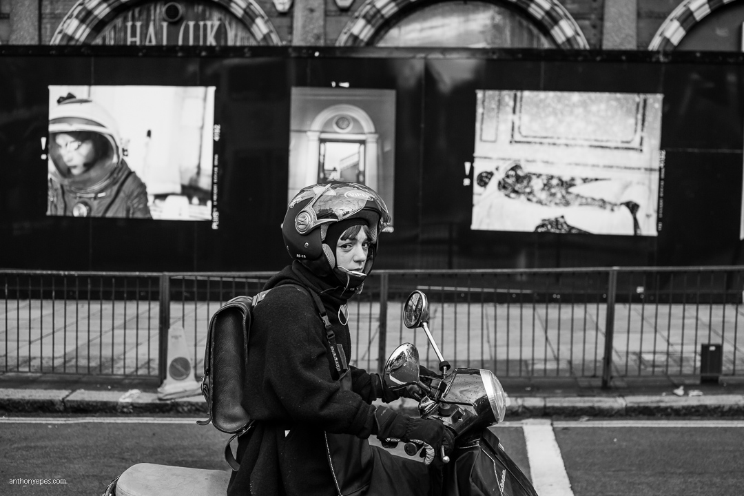 woman on a motorcycle street portrait