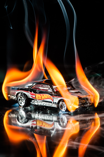 hot wheels car on fire