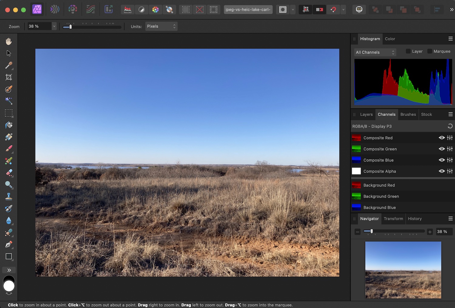 JPEG vs HEIC: Affinity Photo's editing interface showing an HEIC image of a field and a sky.