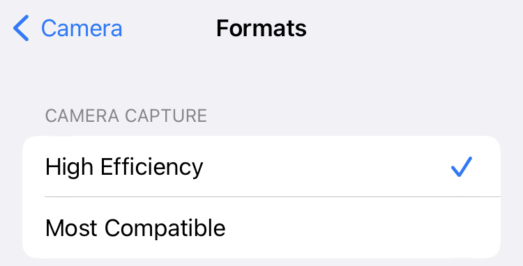 JPEG vs HEIC: iPhone settings options for High Efficiency and Most Compatible.