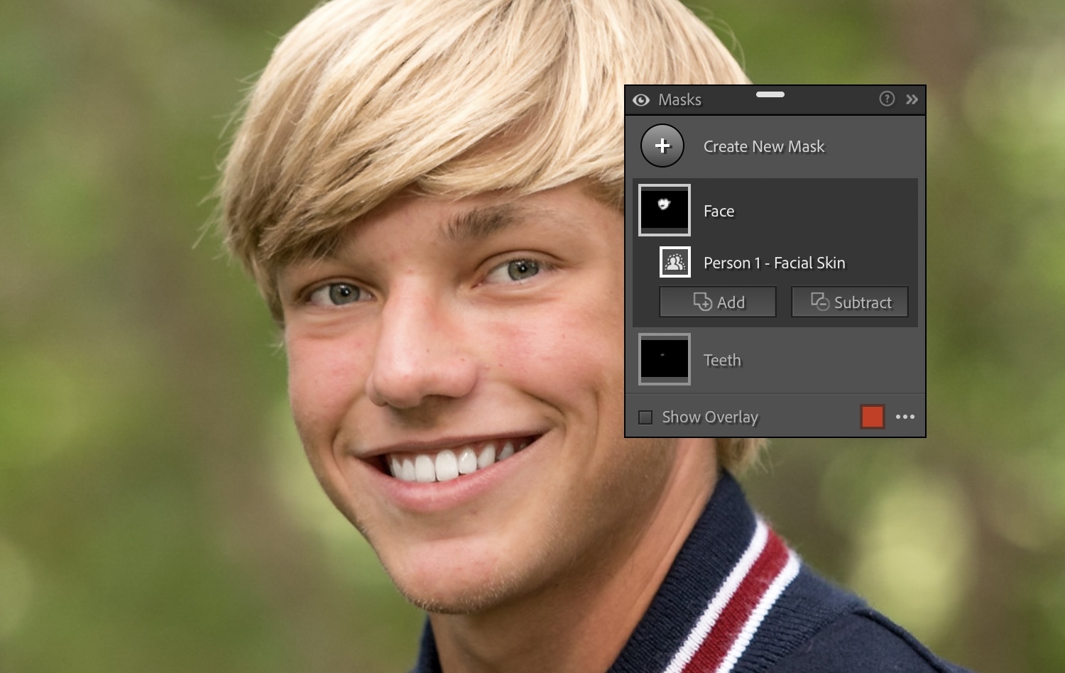 Lightroom AI: Light skin-smoothing effect applied to a portrait.