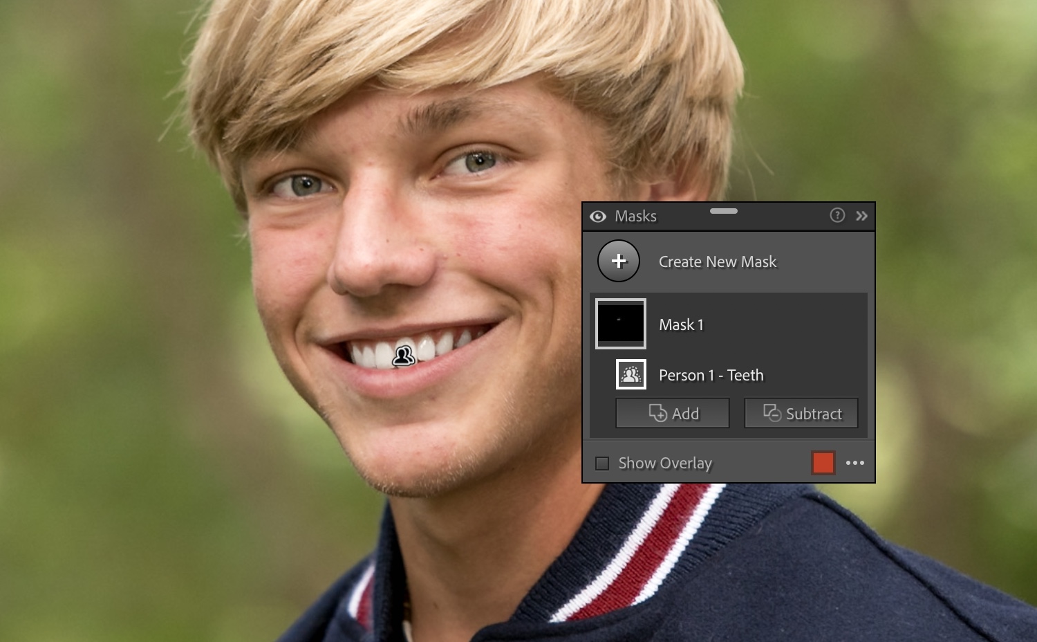 Lightroom AI: Portrait with teeth that have been slightly whitened.