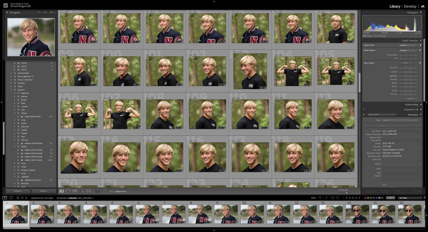 Lightroom AI: Screenshot of a Lightroom library, showing over 30 portrait thumbnails.
