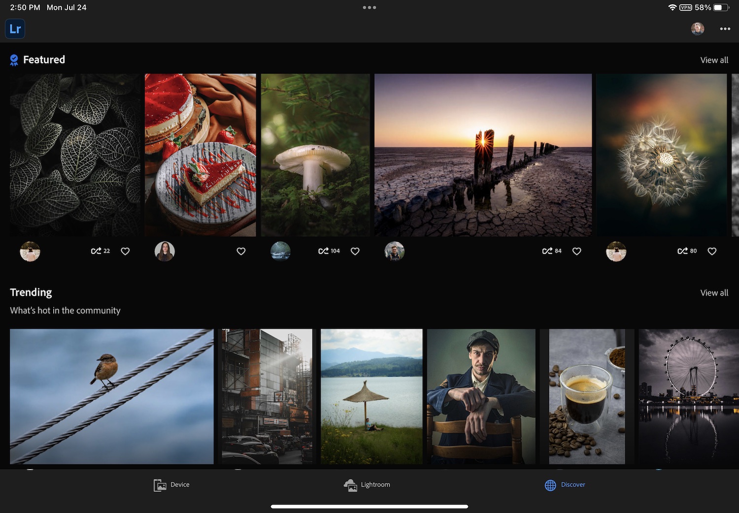 Lightroom vs. Lightroom Classic: The Discover interface of Lightroom with 11 image thumbnails shown.