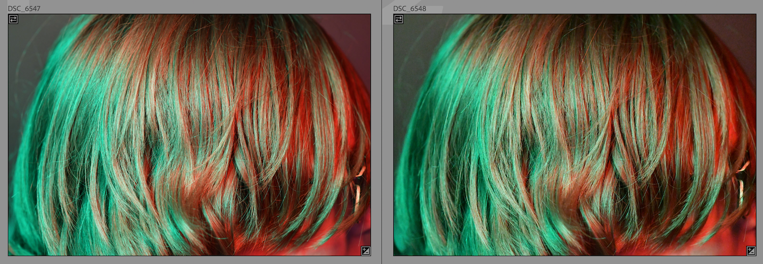 Lightroom's AI-Powered Denoise Feature: two images of a child's haircut, side by side.